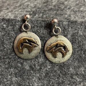Vtg M.M. Rogers Spirit Bear Sterling Silver and 14k Gold TAS Overlay Earrings